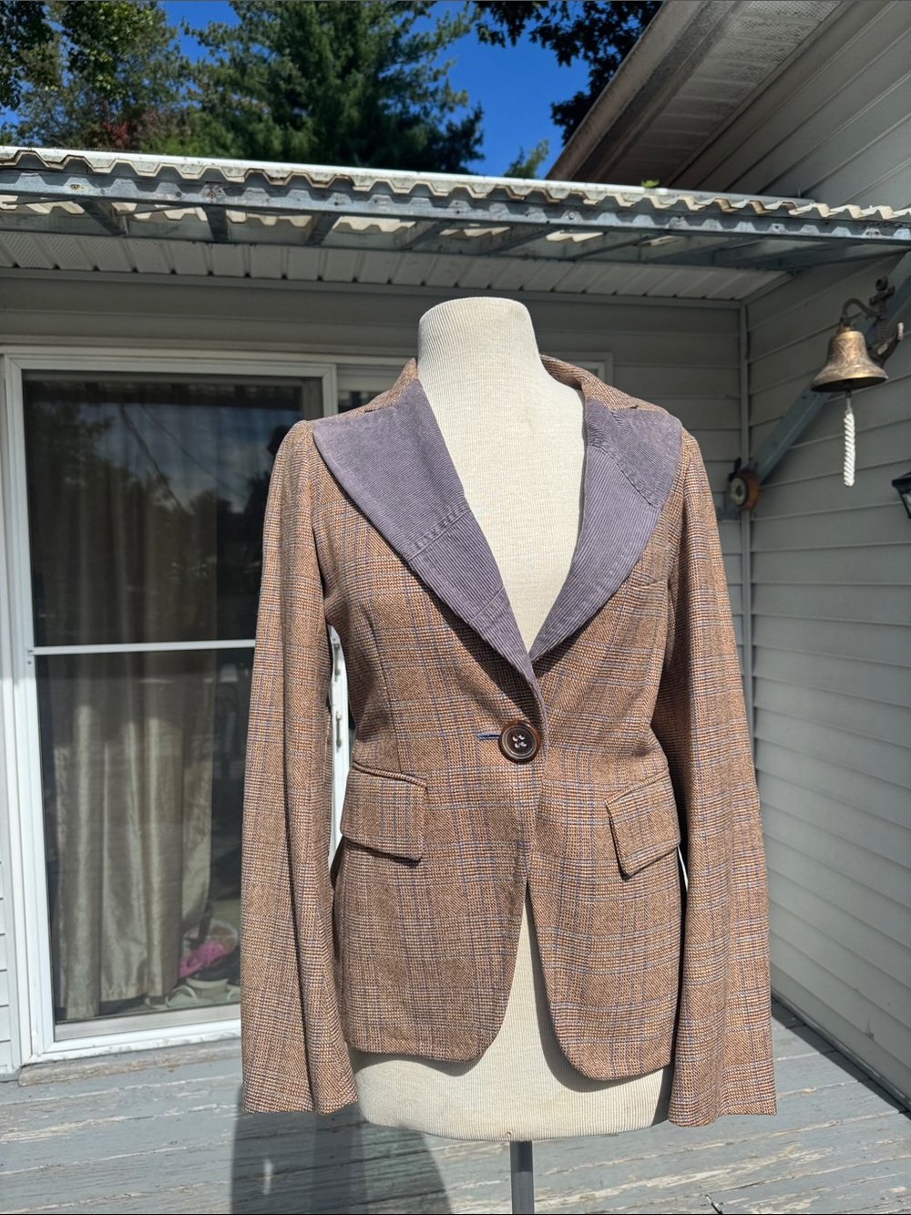 Women’s Brown Plaid Blazer Jacket with Contrast Collar